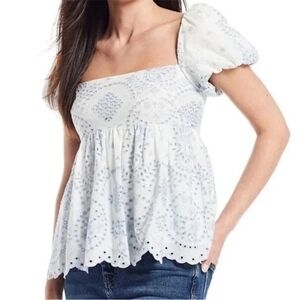 Elegant White and Blue Embroidered Blouse
